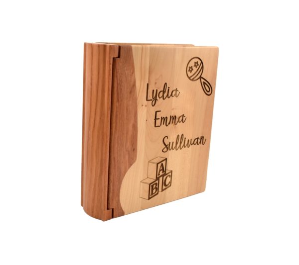 Personalized wooden photo album cover.