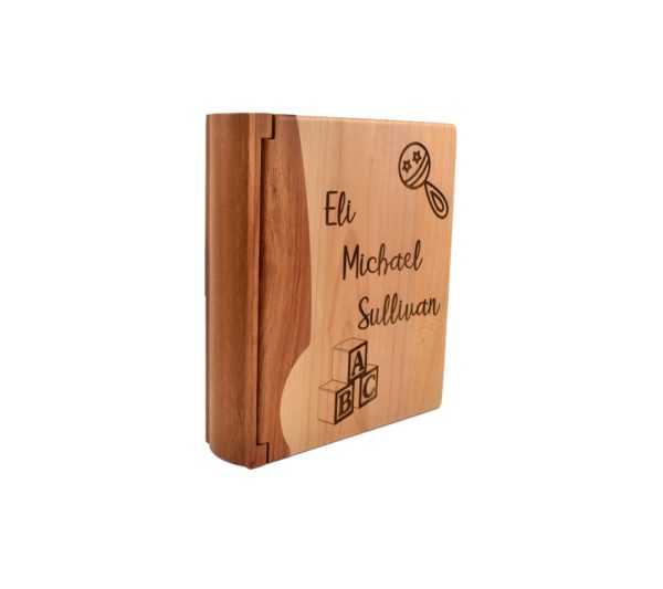 Personalized wooden photo album cover.