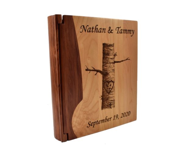 Personalized three ring wooden photo album.