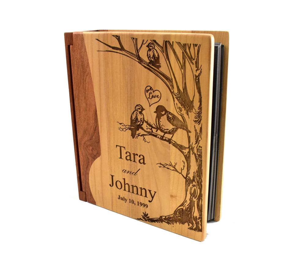 Engraved Wooden Wedding Photo Album Custom Birds in Tree 3 Ring