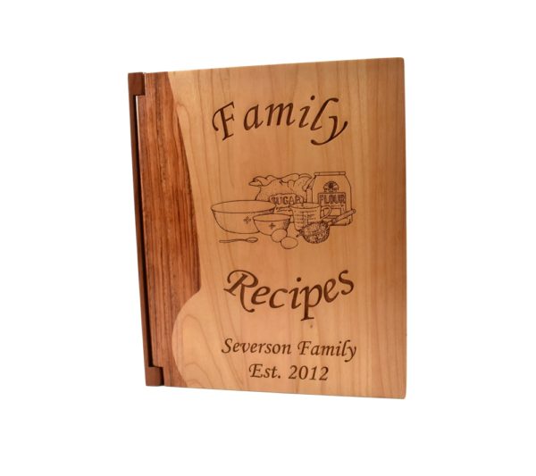 Personalized wooden recipe book cover.