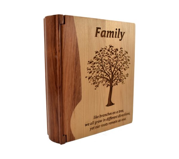 Personalized wooden photo album cover.