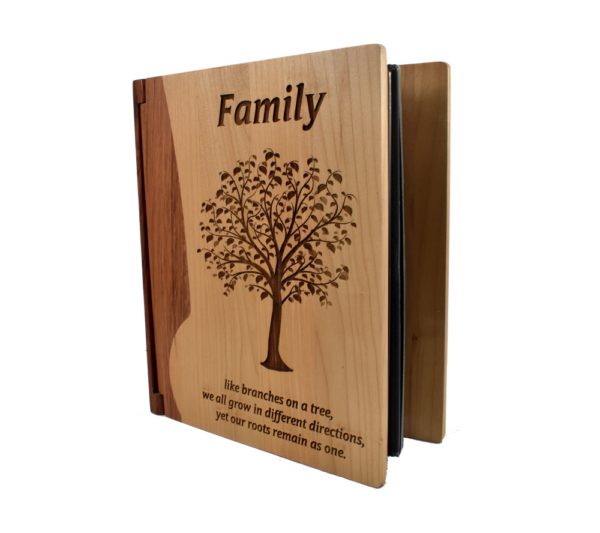 Personalized wooden photo album cover.