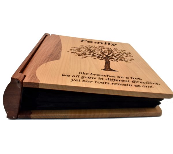 Personalized wooden photo album cover.