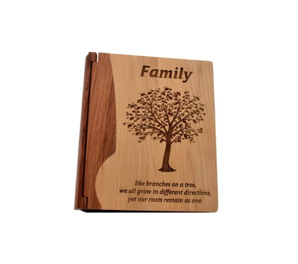 Personalized wooden photo album cover.