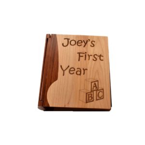 Personalized wooden photo album cover.