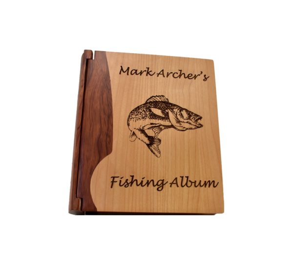 Personalized wooden photo album cover.