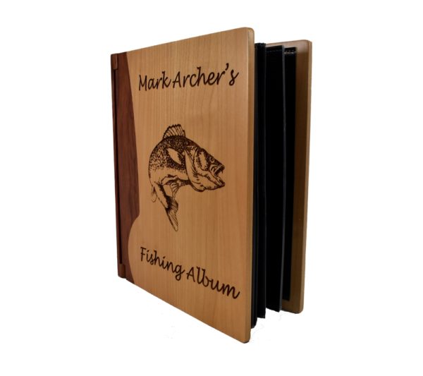 Personalized wooden photo album cover.