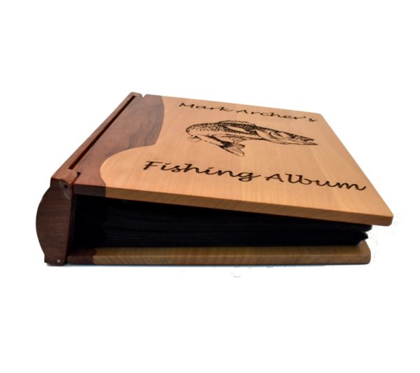 Personalized wooden photo album cover.