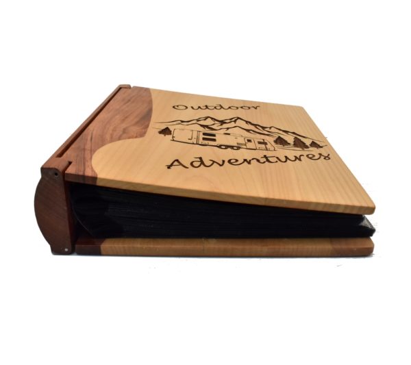 Custom engraved wooden photo album cover.