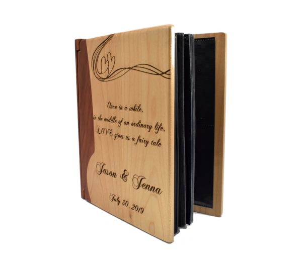 Personalized three ring wooden photo album.