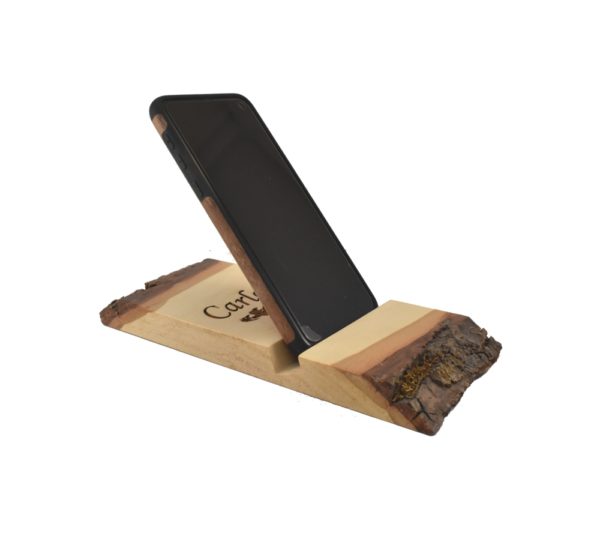 Custom engraved, live edge, wooden phone stand.