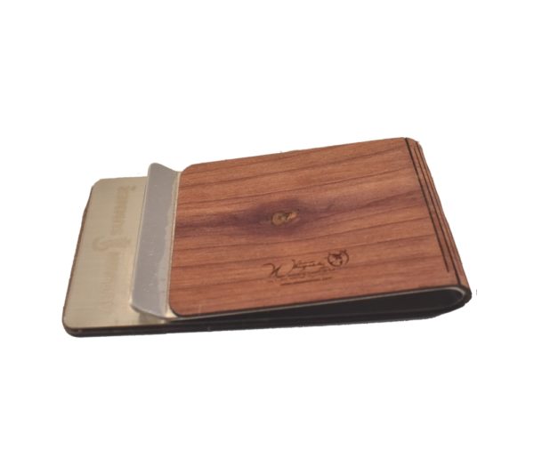 Wooden, engraved money clip.