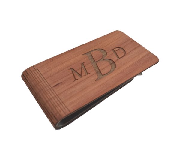 Wooden, engraved money clip.