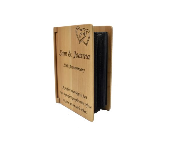 Personalized three ring wooden photo album.