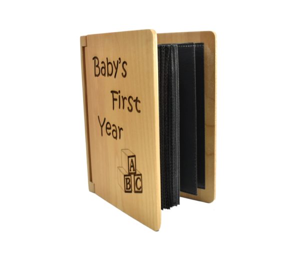 Personalized three ring wooden photo album.