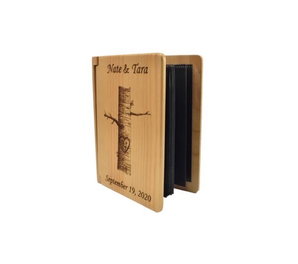 Personalized three ring wooden photo album.