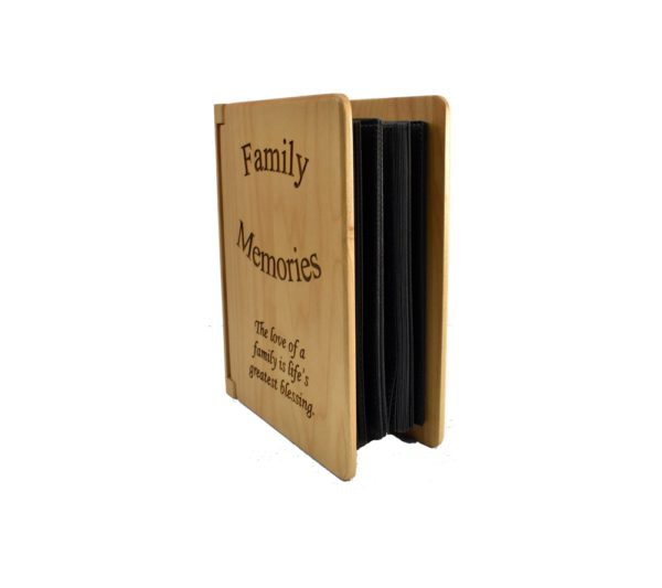 Personalized three ring wooden photo album.