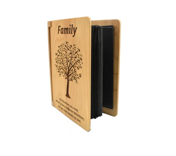 Personalized three ring wooden photo album.