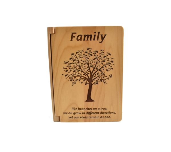 Personalized three ring wooden photo album.