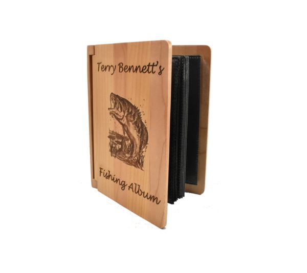 Personalized three ring wooden photo album.