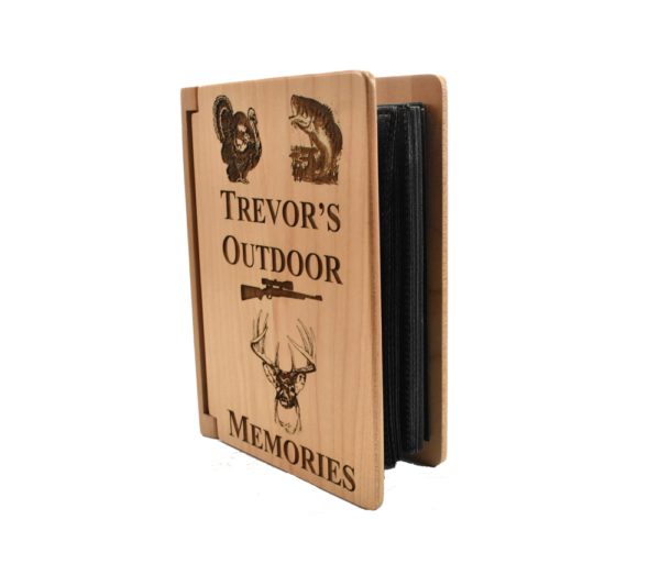 Personalized three ring wooden photo album.