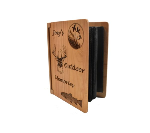 Personalized three ring wooden photo album.