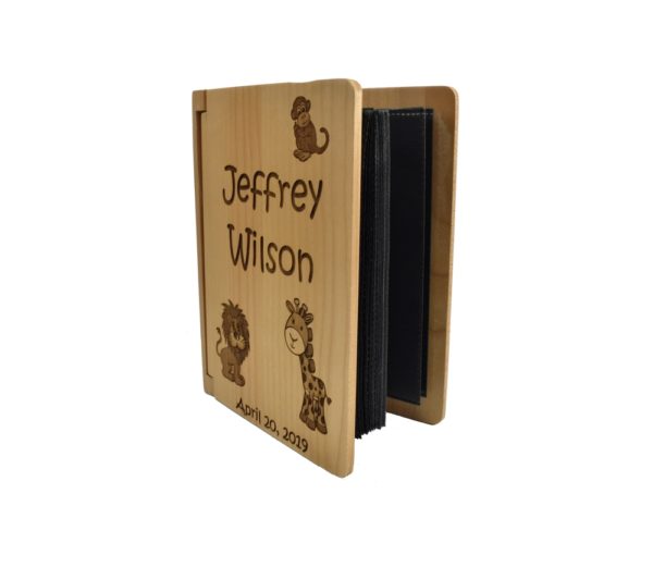 Personalized three ring wooden photo album.