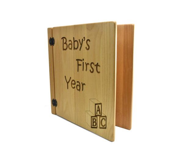 Personalized three ring wooden photo album.