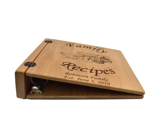 Personalized three ring wooden photo album.