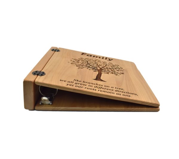 Personalized three ring wooden photo album.