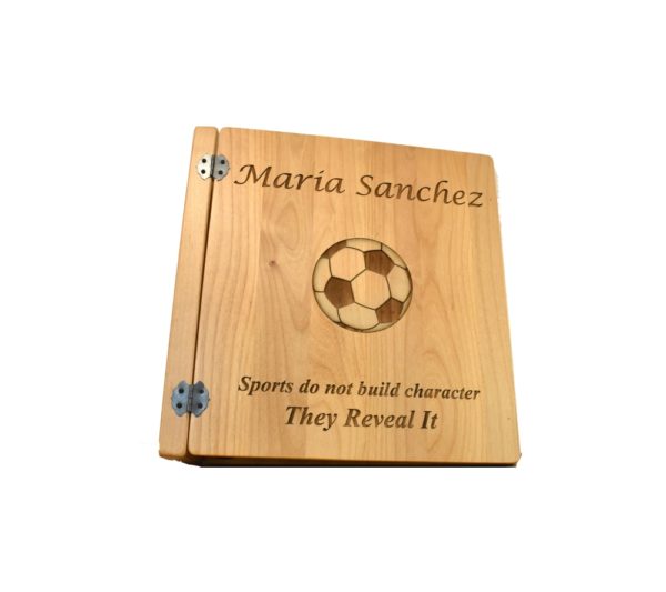 Personalized wooden photo album cover.