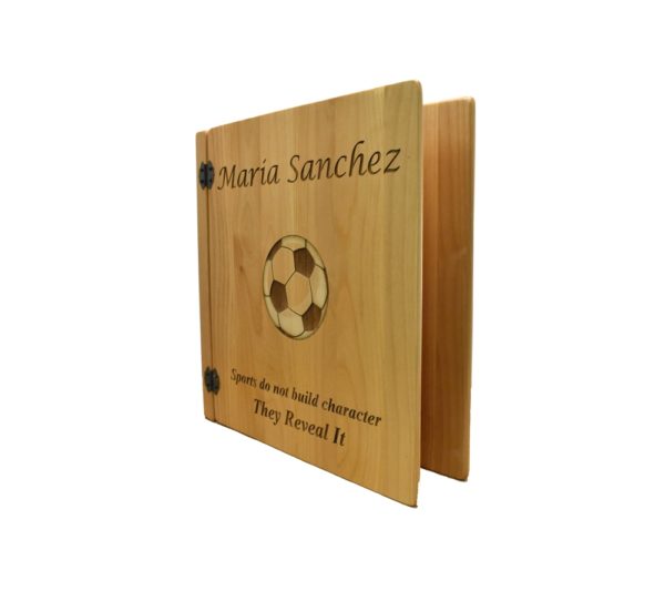 Personalized wooden photo album cover.