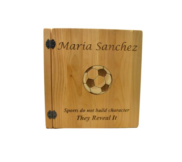 Personalized wooden photo album cover.