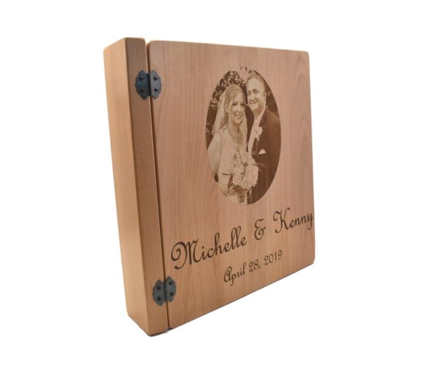 Custom engraved wooden photo album cover.