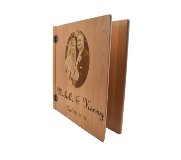 Custom engraved wooden photo album cover.