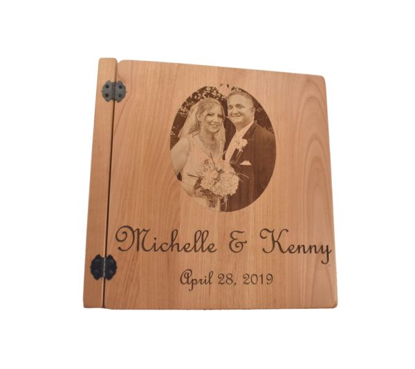 Custom engraved wooden photo album cover.