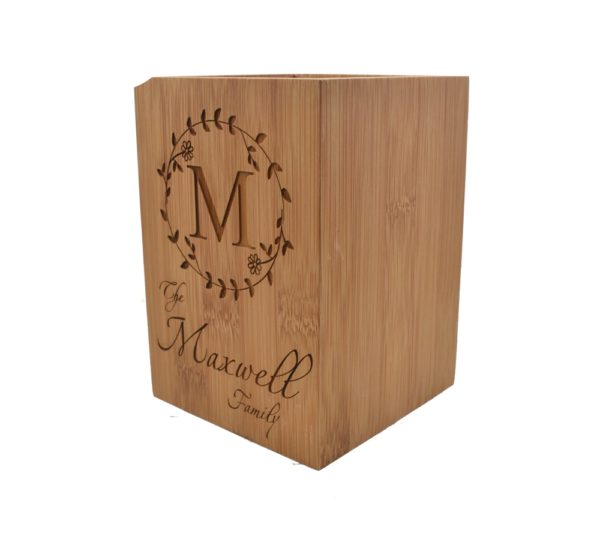 Custom engraved wood utensil holder.