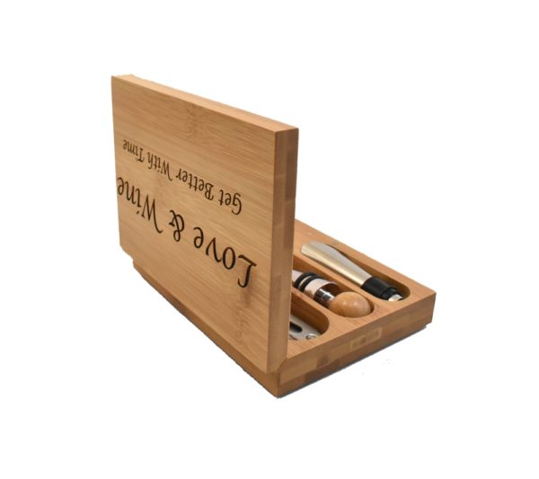 Wine tool set and wooden box.