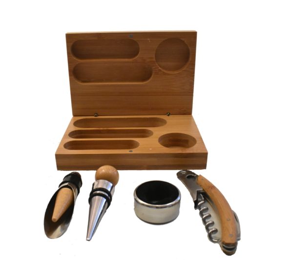 Wine tool set and wooden box.
