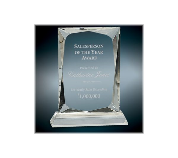 Crystal rectangle award on a clear base.