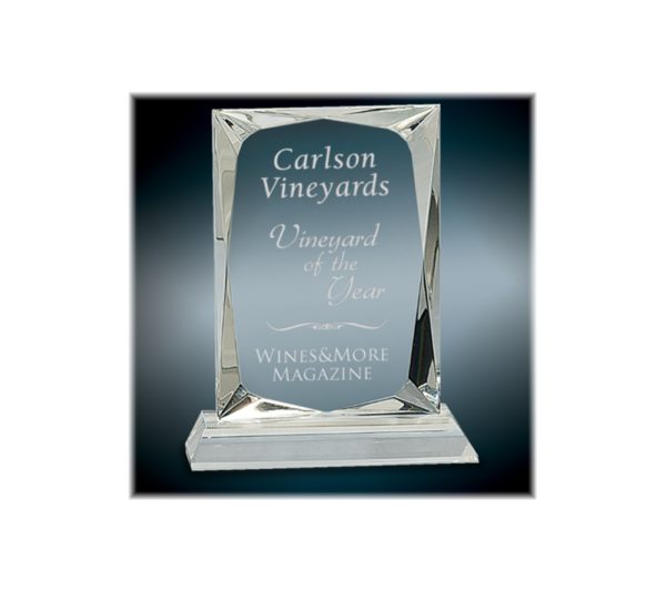 Crystal rectangle award on a clear base.