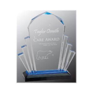 Faceted Impress acrylic award with blue highlights.