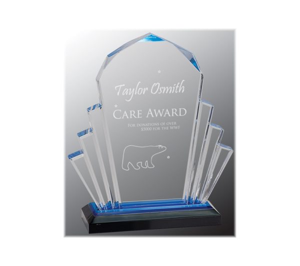 Faceted Impress acrylic award with blue highlights.