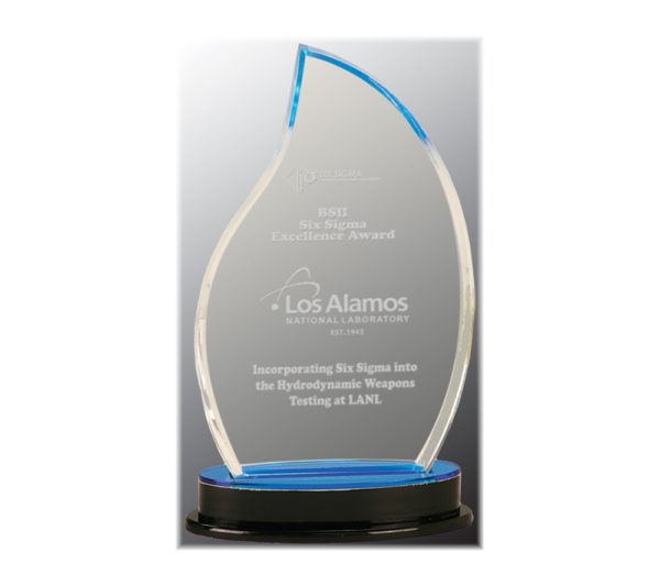 Flame impress acrylic award with blue highlights.