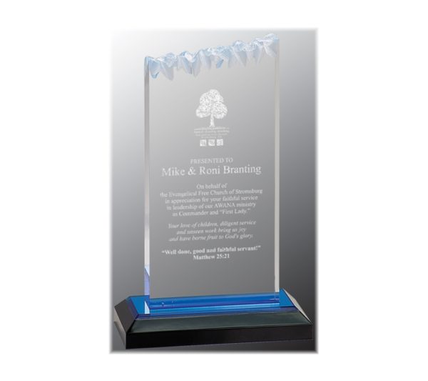 Frosted impress acrylic award with blue highlights.