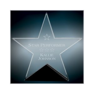 Glass star on a black base engraved as an award.