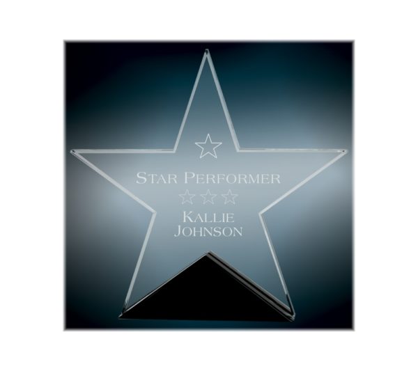 Glass star on a black base engraved as an award.