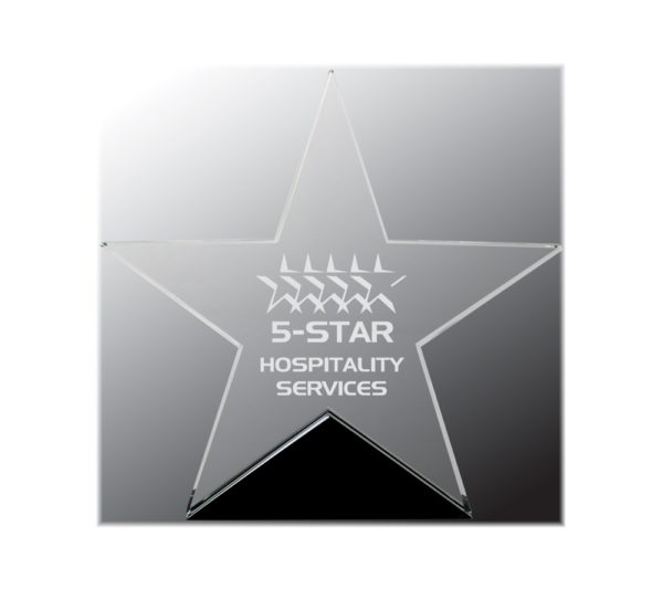 Glass star on a black base engraved as an award.