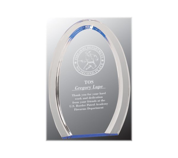 Oval halo award with blue highlights.